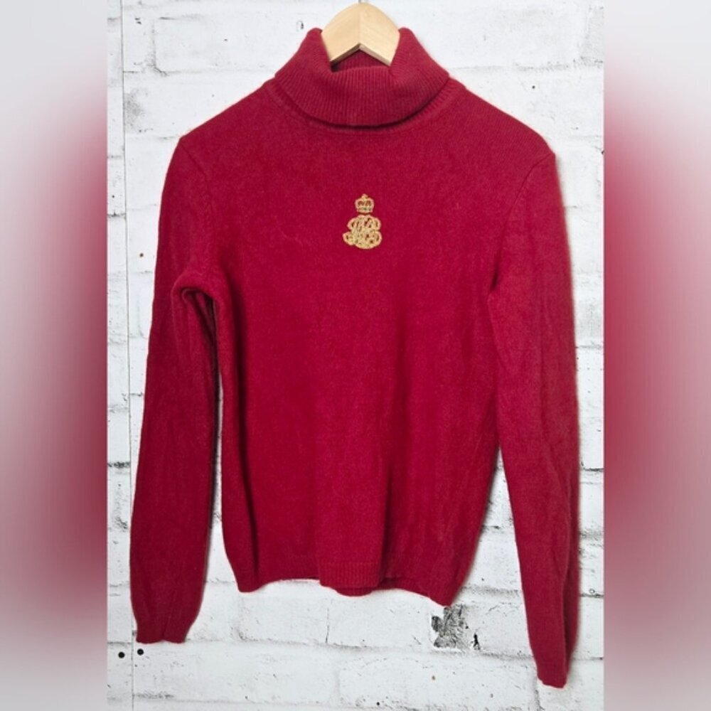 Lauren Ralph Lauren Red Wool Angora Cashmere Crest Turtleneck Sweater LG